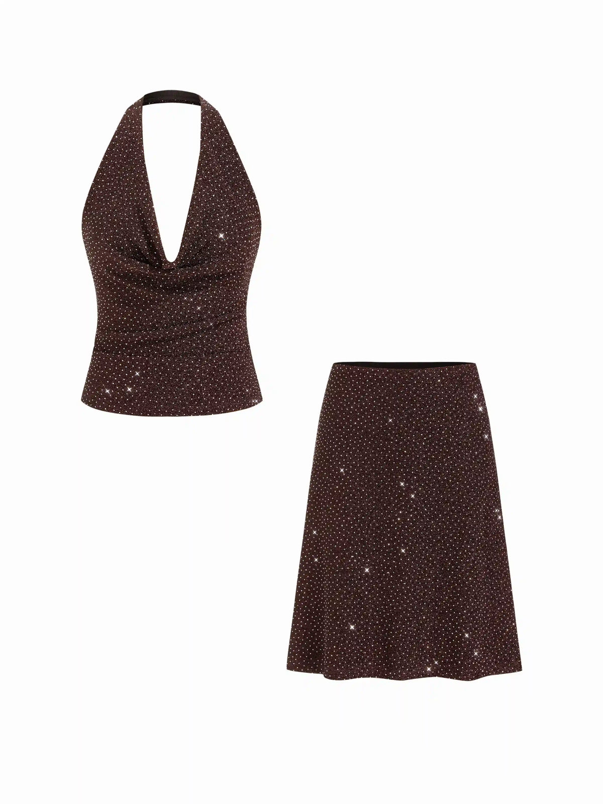 Cowl Neck Ruched Top & Mid Rise A-line Midi Skirt Set With Rhinestone Dots