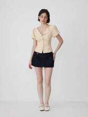 Cotton-blend Striped Puff Sleeve Tie-back Blouse