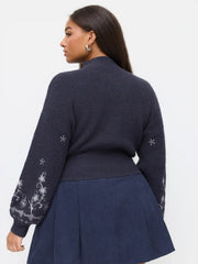 Knit Floral High Neck Lantern Sleeve Crop Top Curve & Plus
