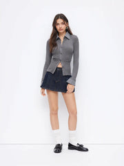 Cotton Plaid Polo Collar Ruched Two Tone Top