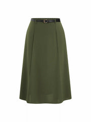 Stretchy Mid Rise Solid Maxi A-line Skirt With Belt Curve & Plus