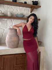 Cowl Neck Crop Top & Low Rise Semi-transparent Maxi Skirt Set