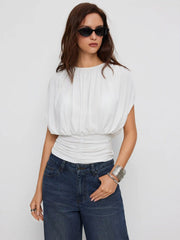 Draped Ruched Round Neckline Sleeveless Top