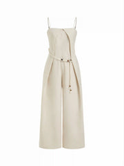 Linen-blend Mid Rise Straight Leg Jumpsuit With Beaded Belt