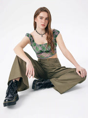 Plaid Square Neck Short Sleeve Blouse