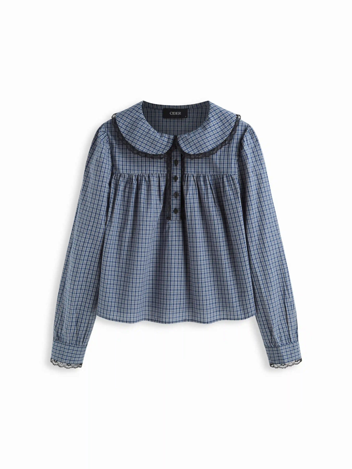 Cotton-blend Gingham Peter Pan Collar Puff Sleeve Lace Panel Blouse