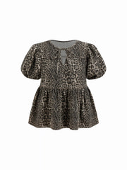 Denim Leopard Print Tie Front Ruffle Puff Sleeve Oversized Blouse