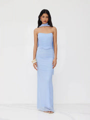 Mesh Halter Neckline Crop Bandeau Top & High Rise Ruched Mermaid Maxi Skirt Set
