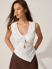 Cotton-Blend U-neckline Beaded Drawstring Tank Top