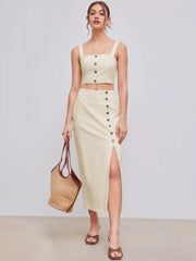 Linen Square Neck Button Crop Top With High Rise Button Split Maxi Skirt