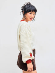 Knitted Round Neckline Strawberry Contrasting Binding Crop Sweater