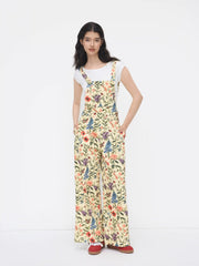Cotton Square Neck Floral Pocket Wide Leg Jumpsuit