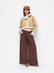 Faux Shearling Collar Metal Button Oversized Cropped Jacket