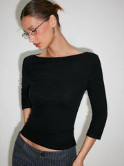 Cotton-blend Boat Neck Mid-length Sleeve Top