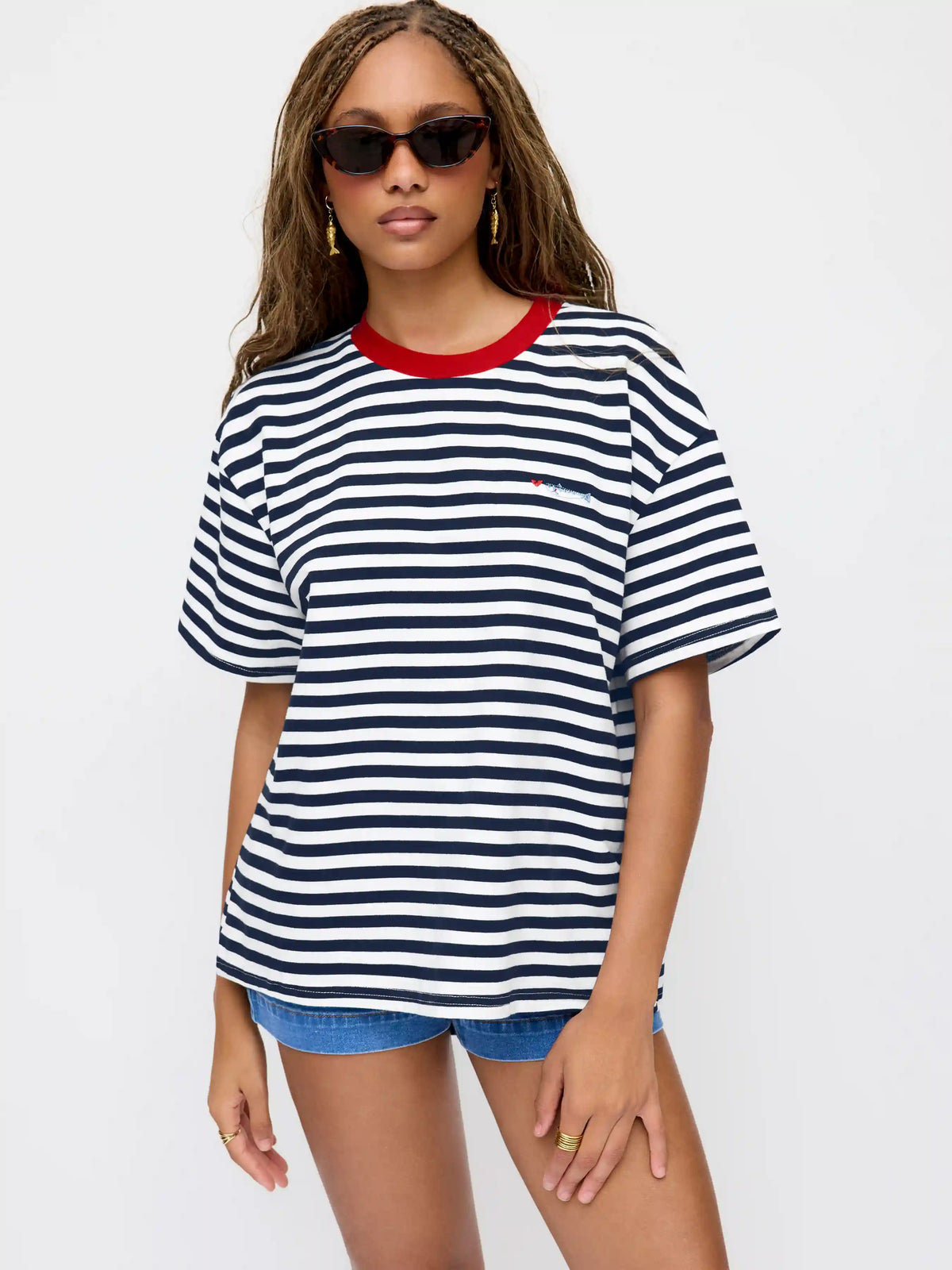 Cotton-blend Striped Contrasting Binding Fish Graphic Embroidery Oversized Tee