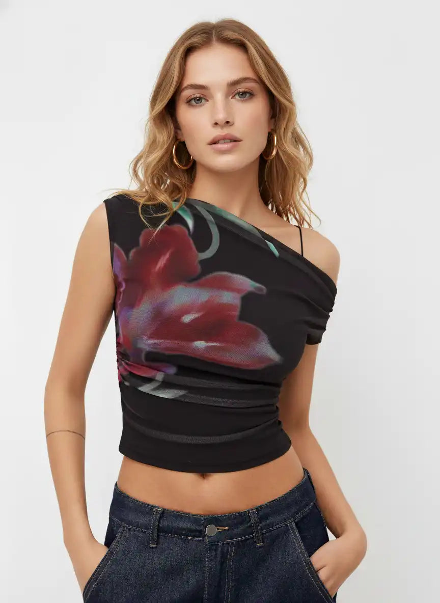 Mesh Asymmetrical Neck Floral Ruched Top
