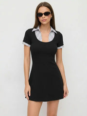 Cotton-blend Stripe Contrast Short Sleeve Bodycon Mini Dress