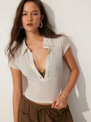 Linen-blend Polo Collar Short Sleeve Top