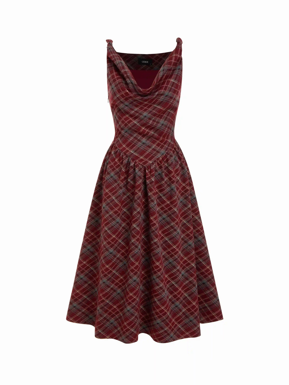 Cowl Neck Tartan Plaid Twist A-line Midi Cami Dress