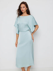 Satin Boat Neck Batwing Sleeve Lace Trim Maxi Dress