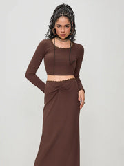 Lace Trim Crop Long Sleeve Top & Ruched Split Maxi Skirt
