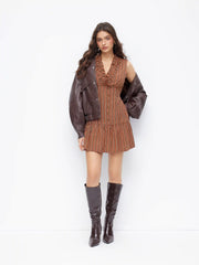 V-neck Striped Ruffled Tie Back Mini Dress