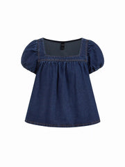 Washed Denim Square Neck Puff Sleeve Drawstring Oversized Blouse