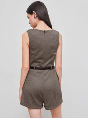 Boat Neck Houndstooth Romper With Belt
