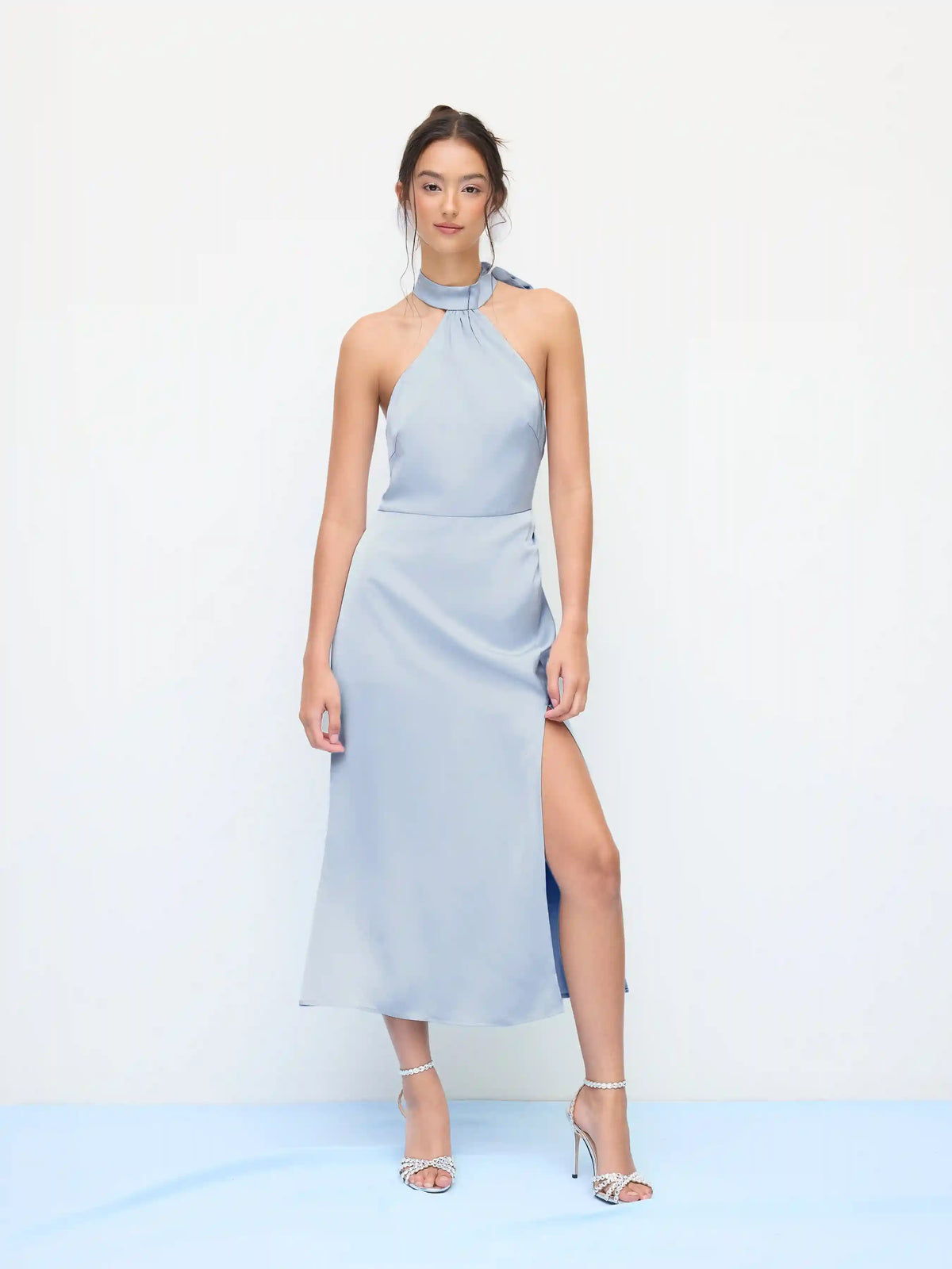 Satin Halter Neckline Split Knotted Maxi Dress