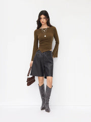 Cotton-blend Boat Neck Metal Detail Ruched Asymmetrical Hem Top