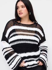 Knit Striped Boat Neck Hollow Out See-through Oversized Top Curve & Plus