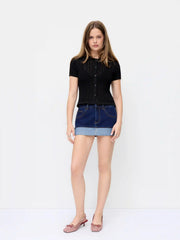 Hollow Out Short Sleeve Button Up Polo Knit Top