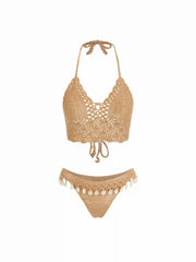 Knit Halter Neckline Hollow Out Shell Detail Cover Up Set