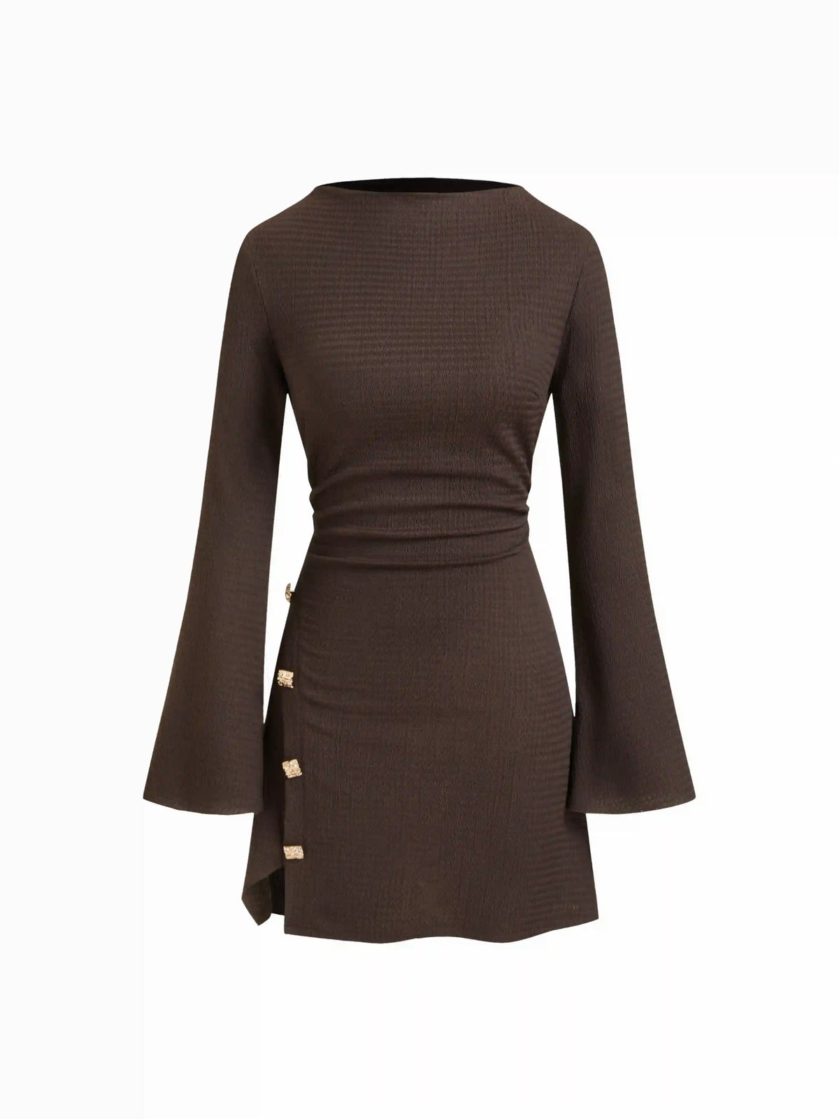 Stand Collar Bell Sleeve Metal Button Split Ruched Mini Dress