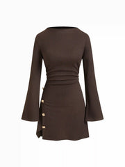 Stand Collar Bell Sleeve Metal Button Split Ruched Mini Dress
