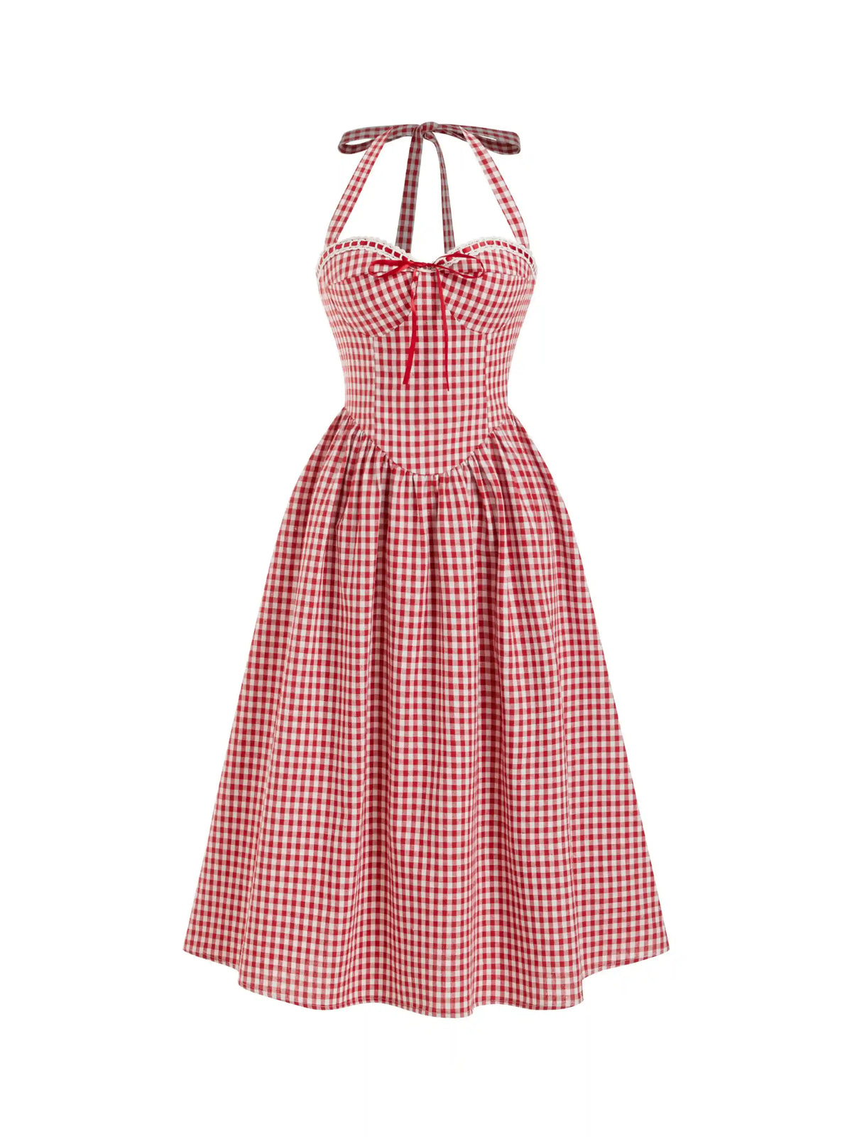 Cotton-blend Sculptural Gingham Halter Neckline Shirred A-line Maxi Dress