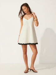 Linen-blend V-neck Contrasting A-line Mini Dress