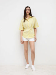 Cotton-blend Ruched Cinched Waist Split Shirt