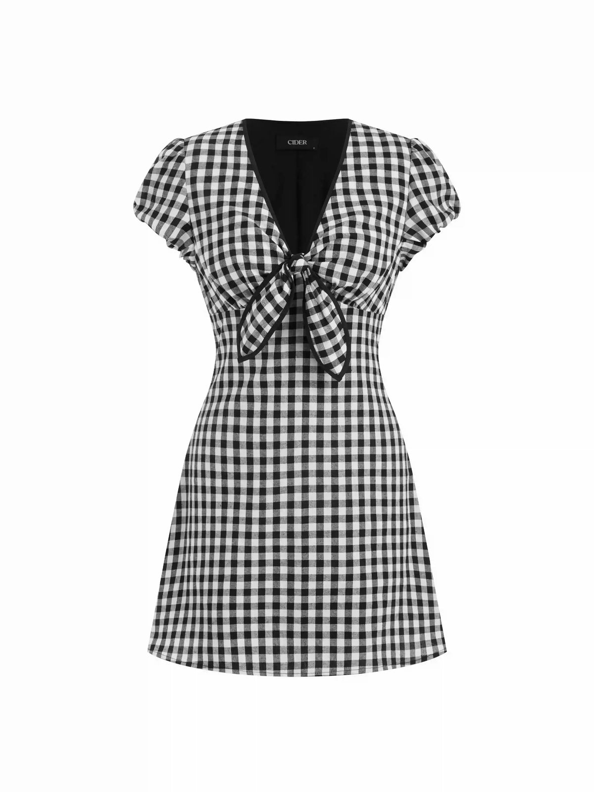 Cotton V-neck Puff Sleeve Twist Knotted Gingham A-line Mini Dress