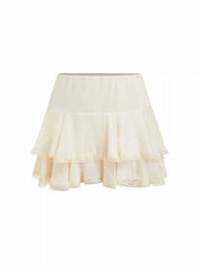Satin Mid Rise Layered Lace Trim Mini Skirt