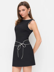 Boat Neck Contrasting Binding Knotted A-line Mini Dress