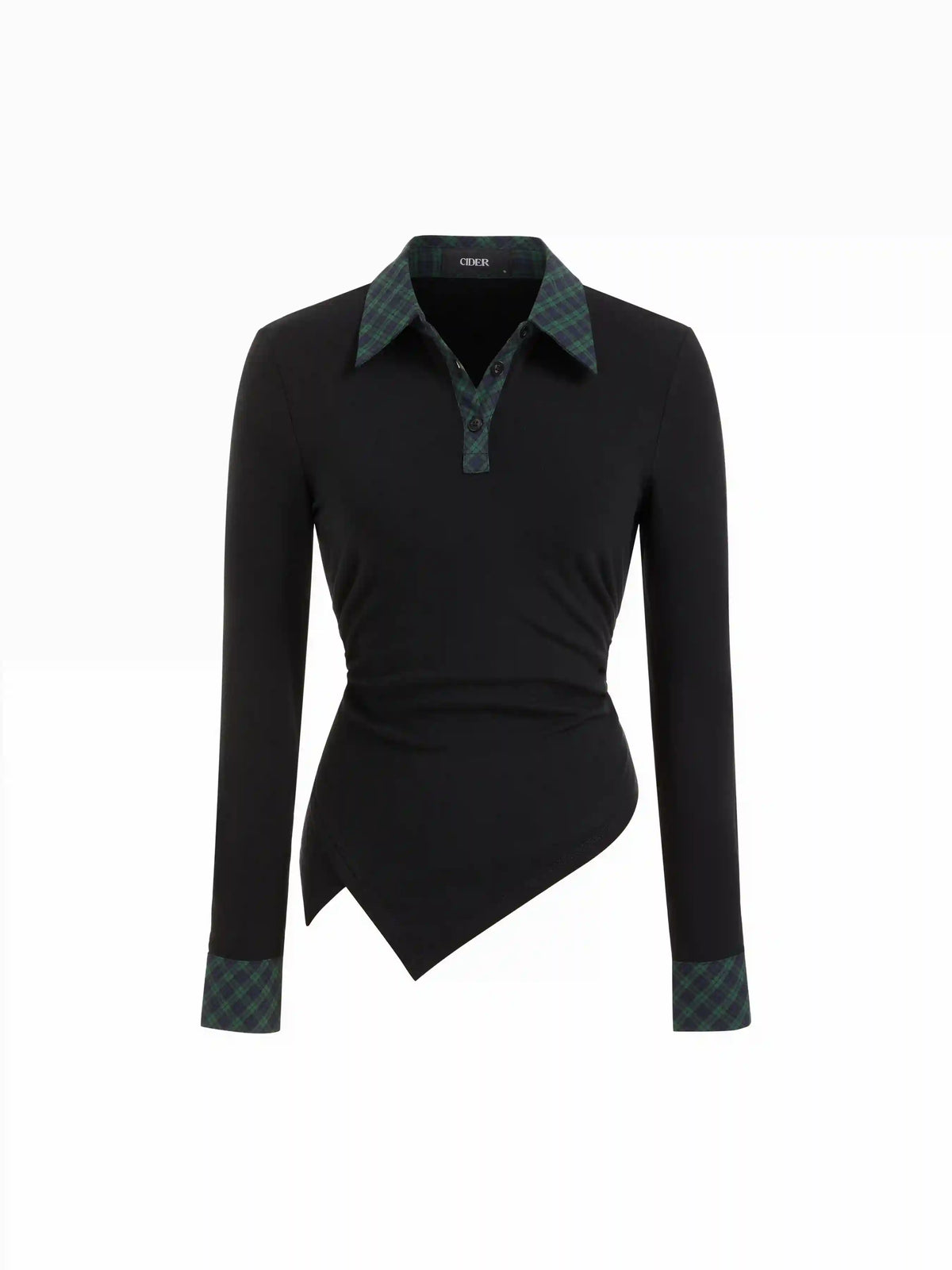 Plaid Collar Asymmetrical Hem Ruched Top