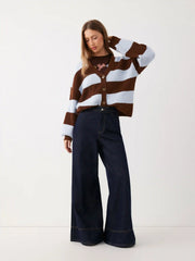 Knit V-neck Striped Lantern Sleeve Oversized Cardigan