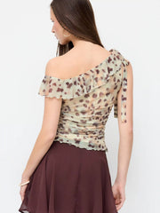 Mesh Leopard Asymmetrical Neck Bowknot Ruffle Blouse