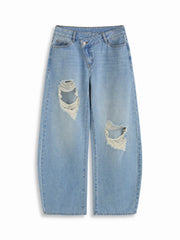 Denim Low Rise Barrel-Leg Ripped Jeans