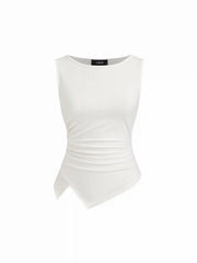Cotton-blend Boat Neck Ruched Asymmetrical Hem Top