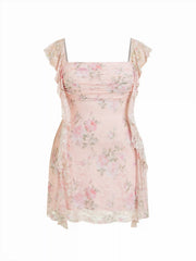 Square Neck Lace Floral Ruffle Hem Ruched Mini Dress Curve & Plus