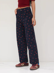 Cotton-blend High Rise Heart Graphic Button Straight Leg Trousers
