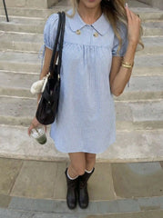Cotton-blend Peter Pan Collar Puff Sleeve Check Smock Drawstring Mini Dress