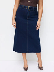 Stretch Denim Mid Rise Split Back Maxi Skirt With Belt Curve & Plus